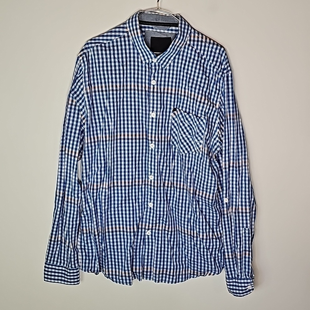 Bench large blue and white striped long sleeve button down shirt